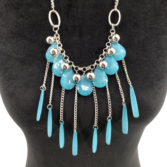 Teardrop Beaded Chain Fringe Necklace 24 Inch Length Blue Silver Tone - Picture 3 of 3